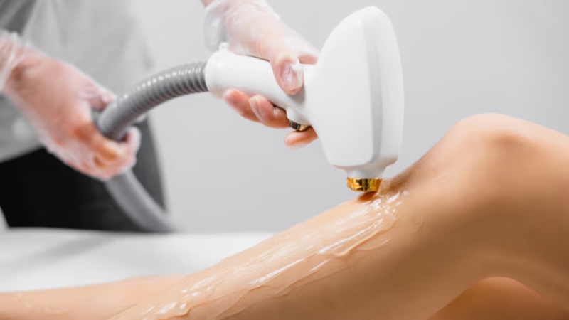 Laser hair reduction treatment process on legs close-up