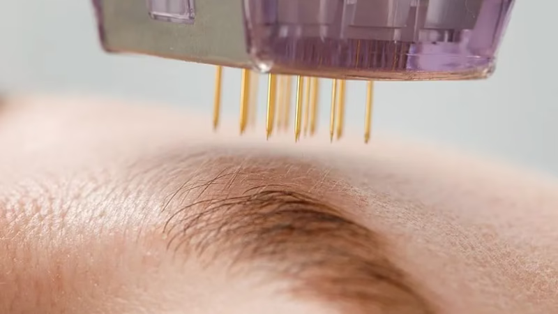rf microneedling needles penetrating skin for collagen stimulation
