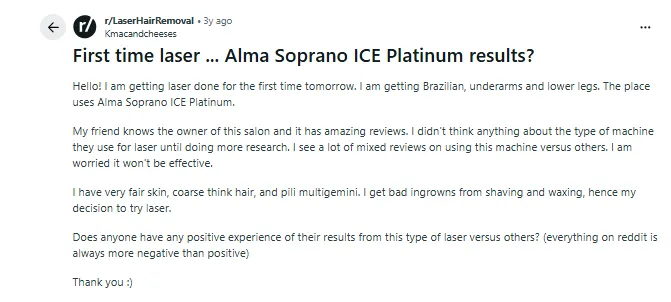Reddit discussion on Soprano ICE Platinum laser hair removal.