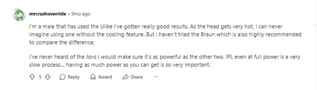 Reddit experience with Ulike IPL hair removal.